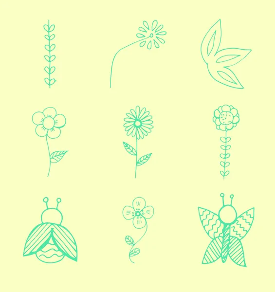 Ensemble vectoriel de diverses fleurs et insectes — Image vectorielle
