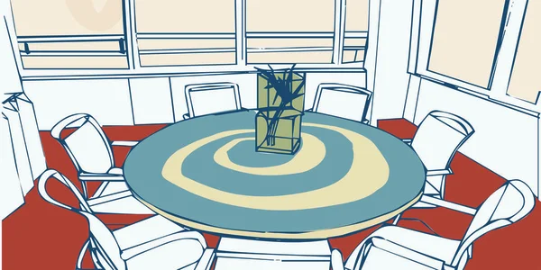 Άδειες καρέκλες γύρω από το τραπέζι και αίθουσα συνεδριάσεων — Διανυσματικό Αρχείο