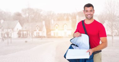 Teslimatçı mavi bir çanta 