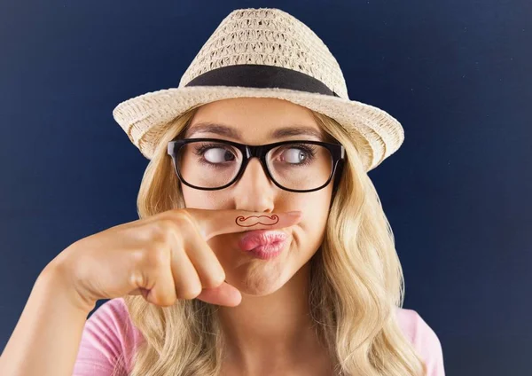 Millennials chica con bigote dibujado en el dedo —  Fotos de Stock