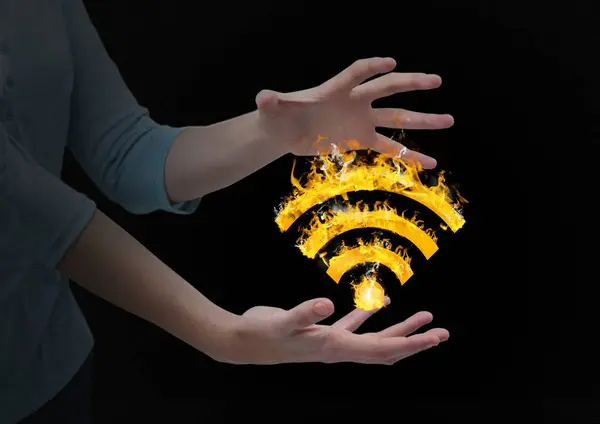 Wifi ile kadın el simgesi ateş — Stok fotoğraf