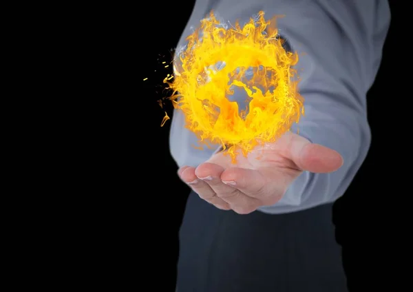 Üzletasszony kézzel terjed a föld tűz ikon — Stock Fotó
