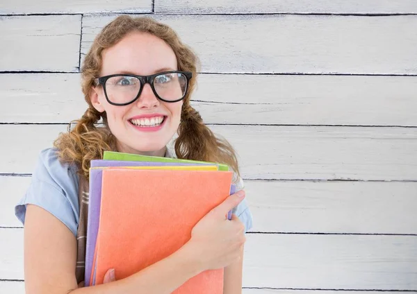 Mulher nerd com livros — Fotografia de Stock