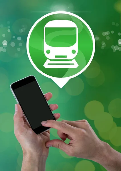 Hand holding phone with train icon — Stock Photo, Image