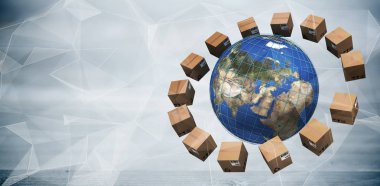 Dünya Haritası ortasında kahverengi karton kutular