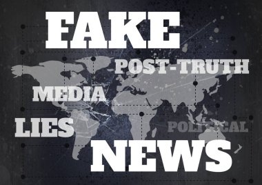 Dünya Haritası üzerinde sahte haber ve ilişkili metin