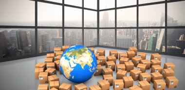 Dünya ortasında kutularını oda pencere ile karşı 