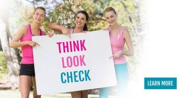 Daha fazla düğme kartı tutan düşünüyorum bakmak kontrol metin ve pembe meme kanseri bilinci kadınlarla öğrenin