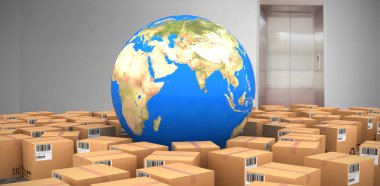  karton kutular ortasında küre