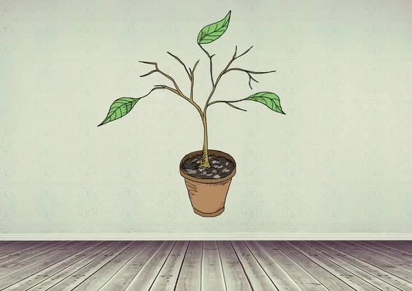 식물 가지와 벽에 잎의 드로잉 — 스톡 사진