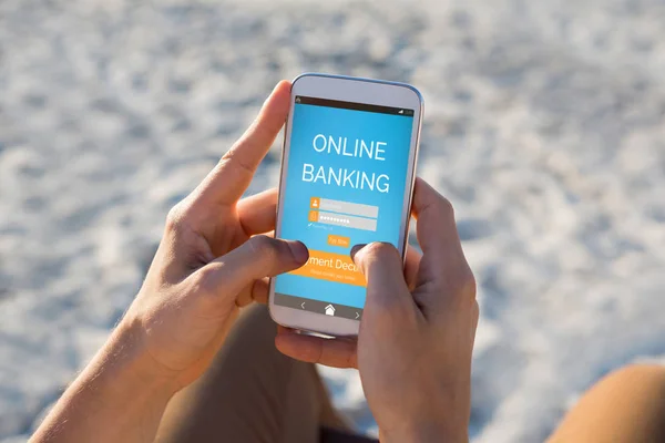 Онлайн банкинг текст на синем мобильном экране — стоковое фото