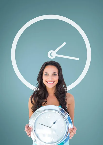 Happy woman holding clock