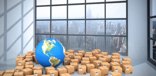 karton kutular ortasında küre 