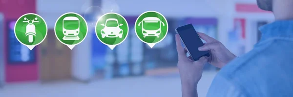 Transport Icons and man holding phone — Stock Photo, Image