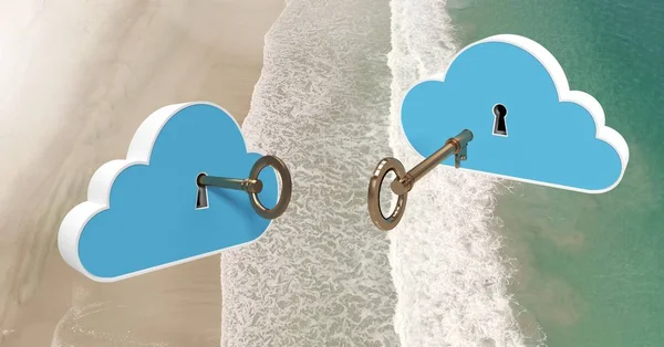 3D nyckel moln flytande över stranden — Stockfoto