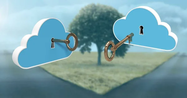 3D Key clouds floating over parting roads — Stock Photo, Image