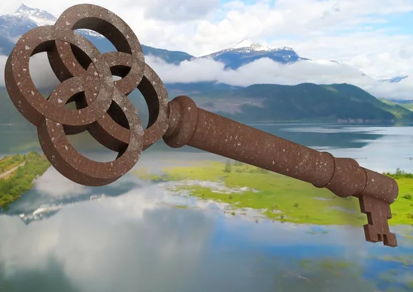 Clé rustique 3D flottant sur un paysage vert — Photo