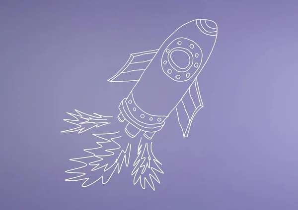 Hand-drawn rocket on purple wall — Stock Photo, Image