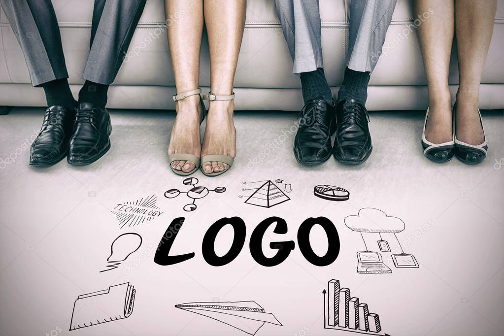 Logo text amidst several vector icons against low section of executives waiting for interview