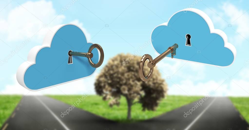 3D Key clouds floating over parting roads