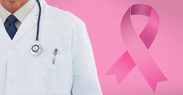 Doctor with pink breast cancer ribbon — Stock Photo, Image