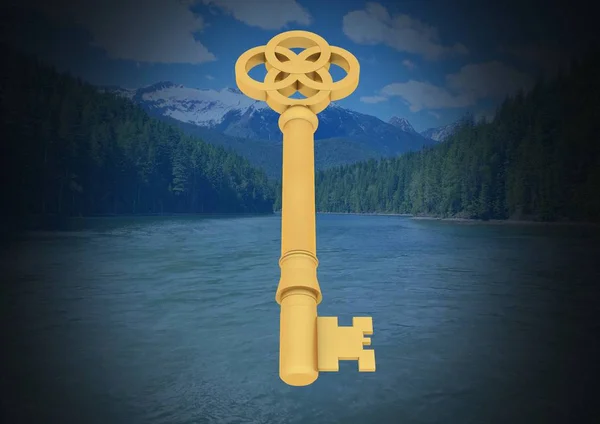 3D Ключ, плывущий над озером — стоковое фото