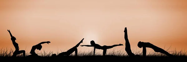 Grupo de ioga silhueta ao pôr do sol — Fotografia de Stock