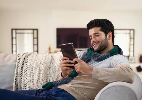 Man in Autumn with tablet and scarf — Stock Photo, Image