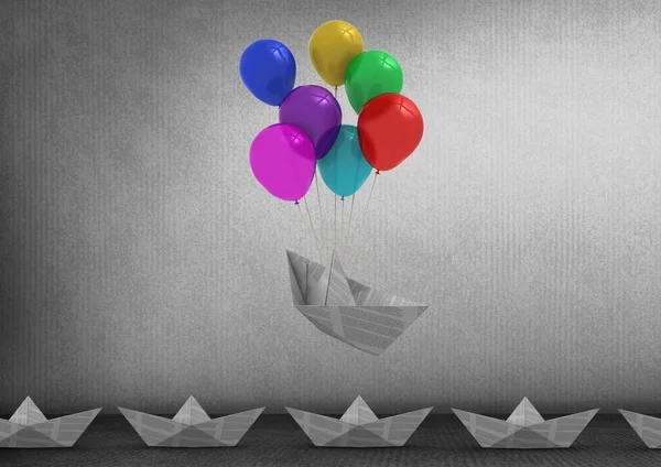 Paper boats with balloons in room — Stock Photo, Image