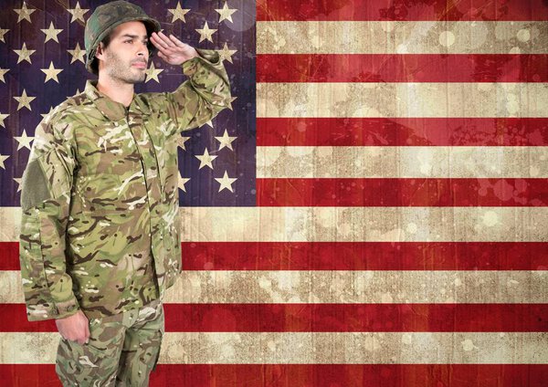 veterans day soldier in front of flag