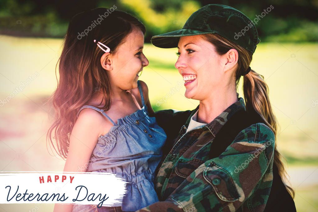 Logo for veterans day in america against a soldier mother hugging her daughter
