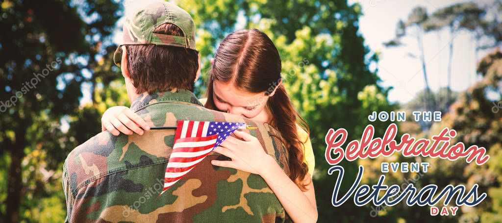Daughter embracing father against logo for veterans day in america