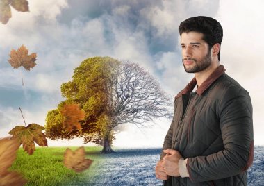 Sonbahar Kış geçiş ile ayakta adam