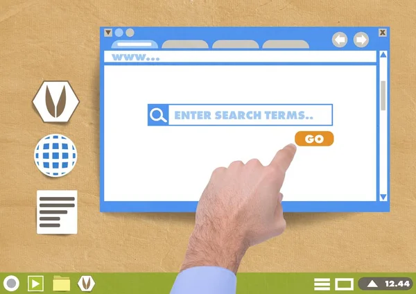 Mano tocando página web cuadro de búsqueda ventana —  Fotos de Stock