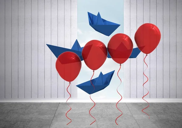 Paper boats with balloons in room — Stock Photo, Image