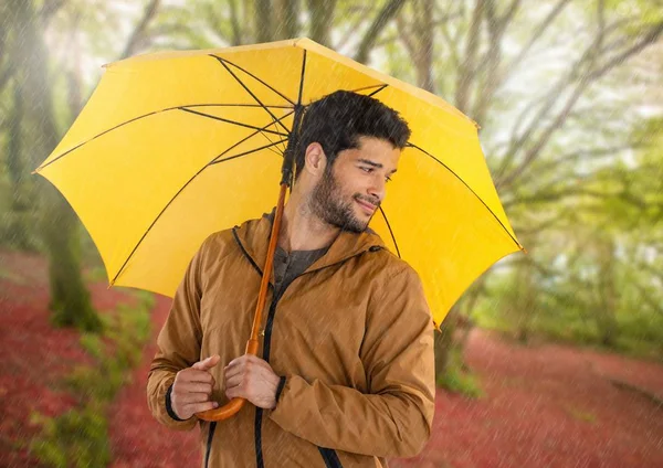 Man in de herfst met paraplu in bos — Stockfoto