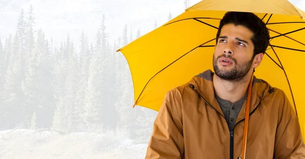 Homme avec parapluie jaune dans la forêt lumineuse — Photo