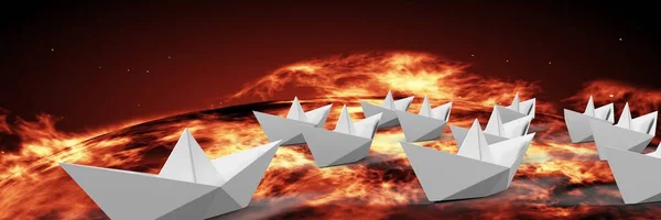 Grupo de barcos de papel en llamas — Foto de Stock