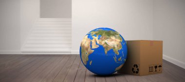 3D planet earth ve karton kutu