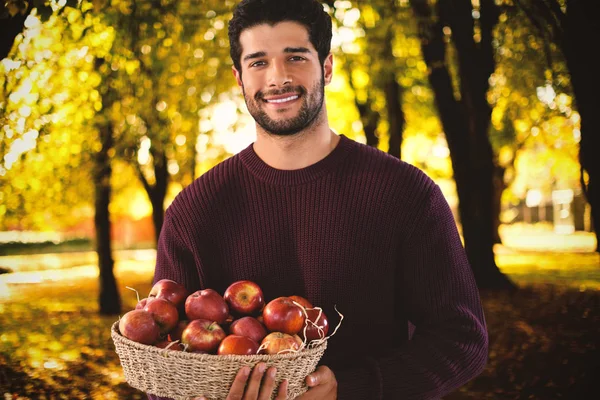 Mann hält Korb mit Äpfeln — Stockfoto