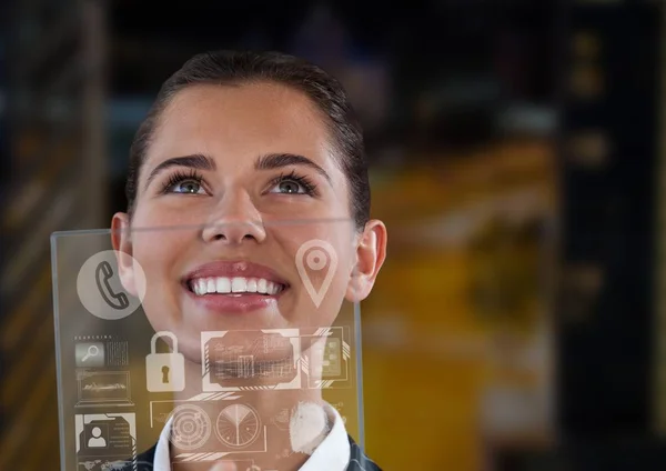 Woman holding glass interface — Stock Photo, Image