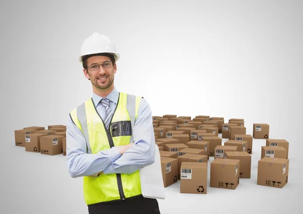 Homem com caixas no armazém — Fotografia de Stock
