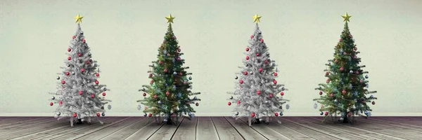 Vánoční stromky v podlouhlé místnosti — Stock fotografie