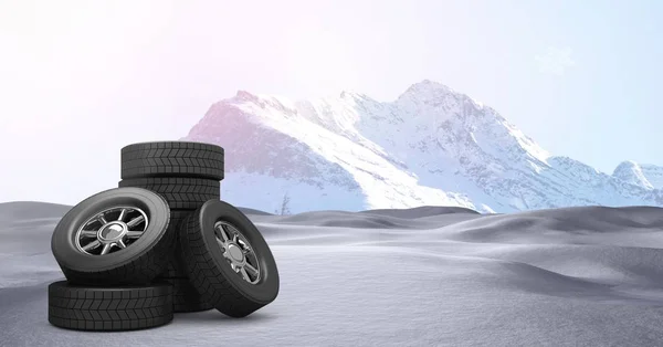 Tyres in Winter snow landscape — Stock Photo, Image