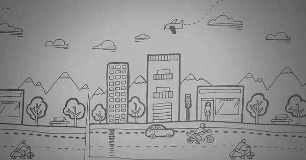 Kasaba çizimleri ile gri arka plan — Stok fotoğraf