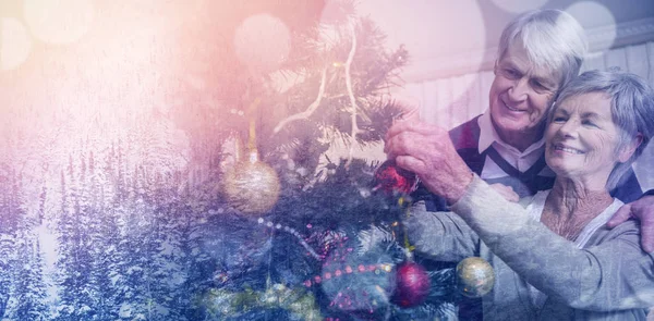 Casal sênior decorando sua árvore de natal — Fotografia de Stock