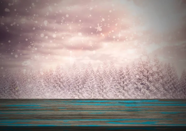 Trägolv med vintern bakgrund — Stockfoto