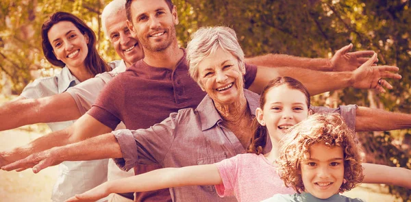 Familia ampliada sonriendo en el parque — Foto de Stock