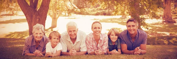 Gelukkige familie liggend op veld — Stockfoto