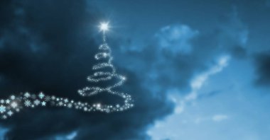 Snowflake Christmas tree pattern shape glowing in sky clipart